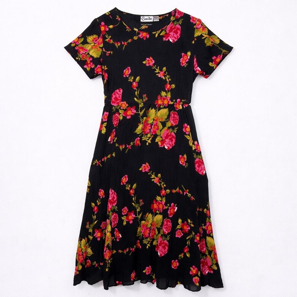Vintage Floral Caite Maxi Dress Sm 100% Rayon Boho Bias Cut Crinkled Waist Tie
